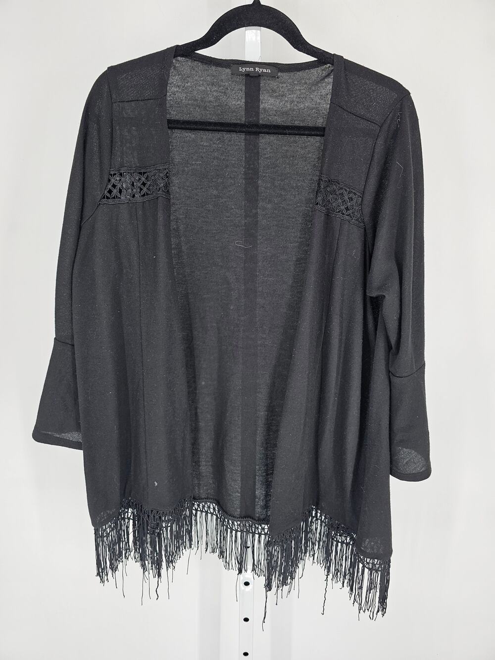 Lynn Ryan Womens Sz 1X 3/4 Sleeve Cardigan Sweater Black w/ Fringe